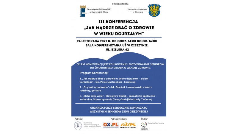 Plakat informujący o konferencji „Jak  mądrze dbać o zdrowie w wieku dojrzałym, fot. org.